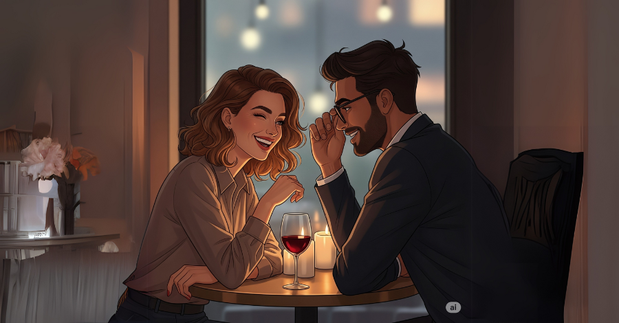 Casal sentado à mesa se olhando.