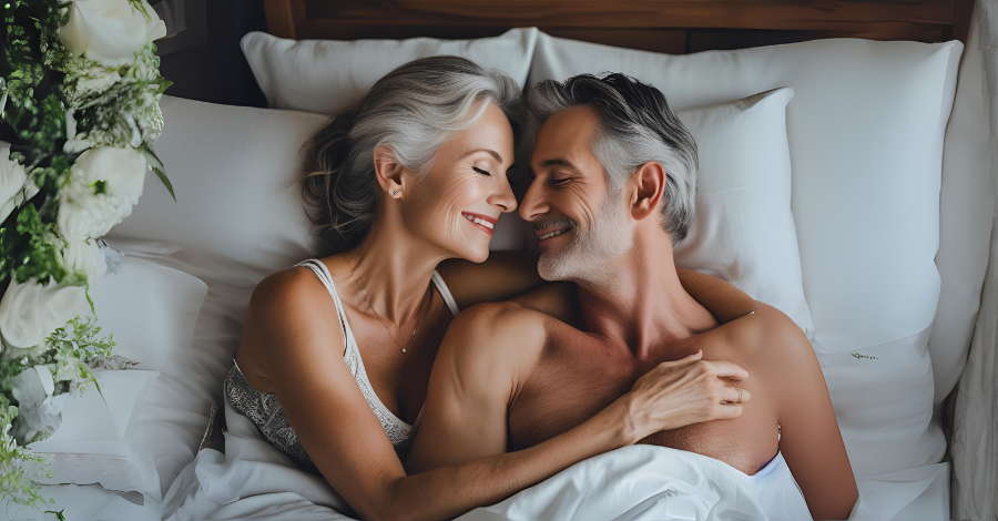 Casal da terceira idade deitado na cama.