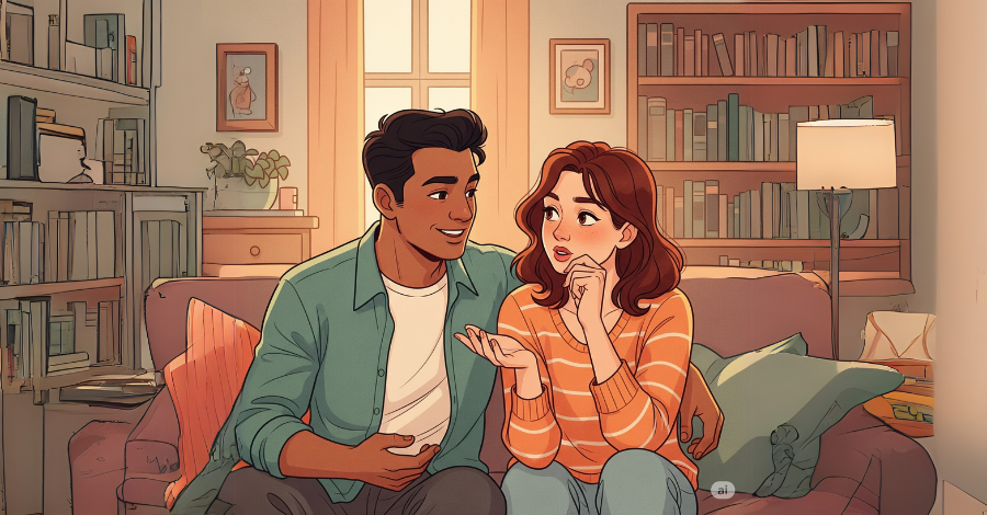 Um casal sentado no sofá e a moça com cara de dúvida.