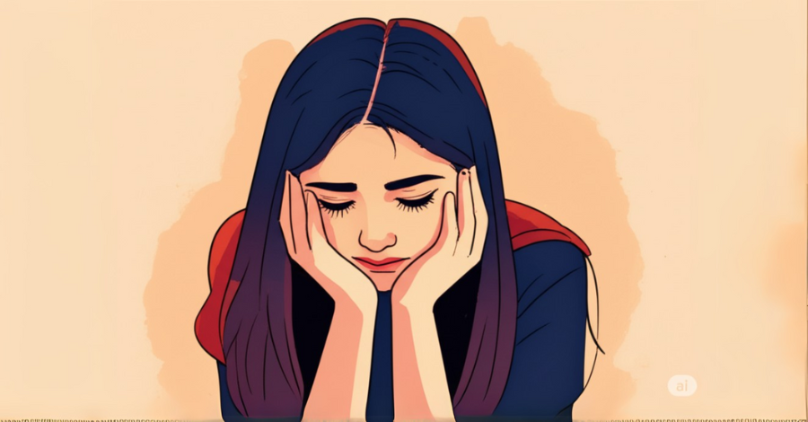 Uma menina triste, com o queixo apoiado nas mãos.