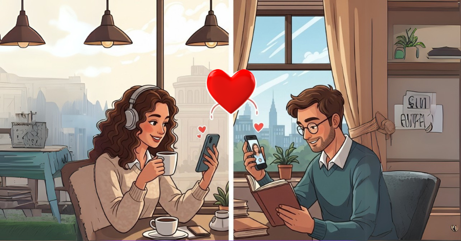 Um casal à distância, sentados à mesa, conversando pelo celular.