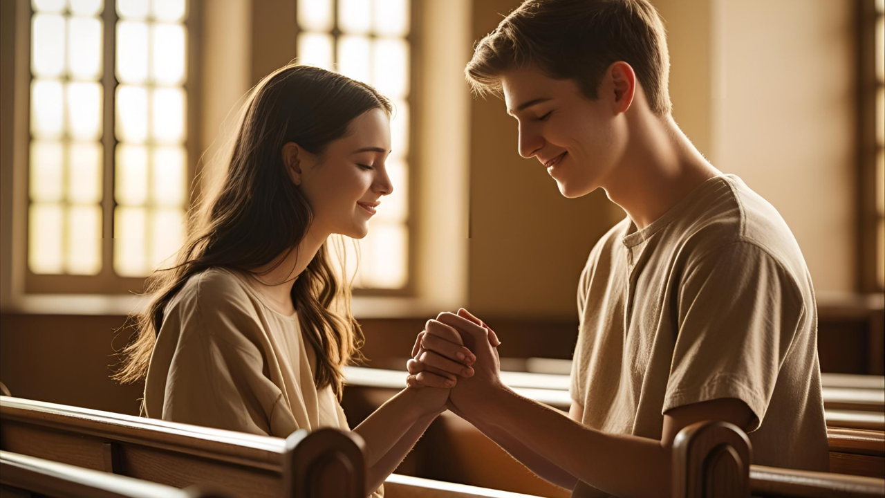 Casal jovem sentado juntos em um banco de igreja