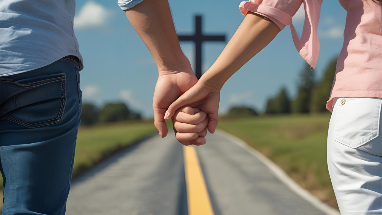 Um casal cristão de mãos dadas, caminhando em um caminho com uma linha divisória clara