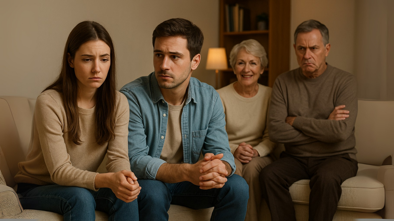 Uma cena aconchegante de sala de estar com um casal jovem sentado juntos no sofá