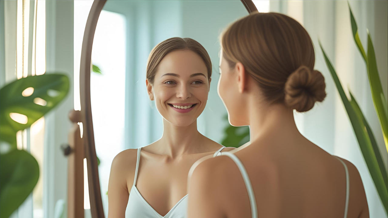 Antes de Amar o Outro: Por Que o Amor-Próprio é o Primeiro Passo 1 Uma mulher em frente a um espelho, sorrindo com expressão de aceitação e confiança