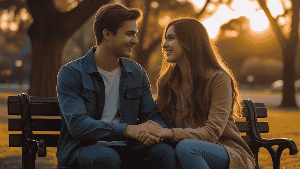 Casal jovem sentado juntos em um banco de parque ao pôr do sol