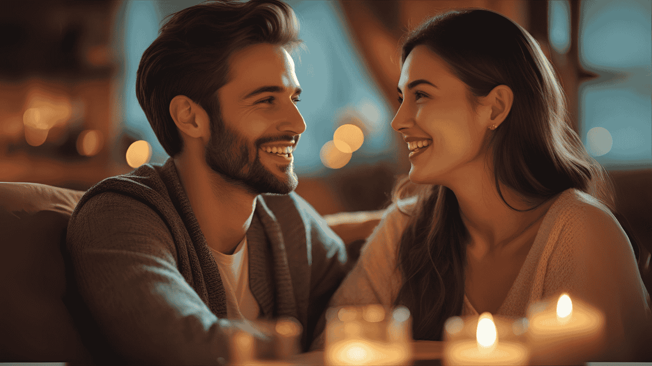 Um casal feliz com dialogo intimo em um ambiente