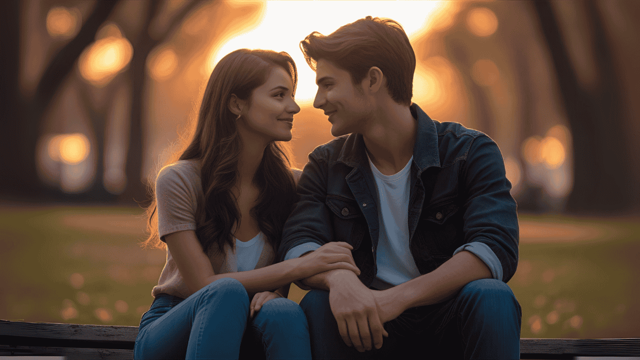 Um casal jovem sentado em um parque ao pôr do sol, conversando de forma íntima e carinhosa