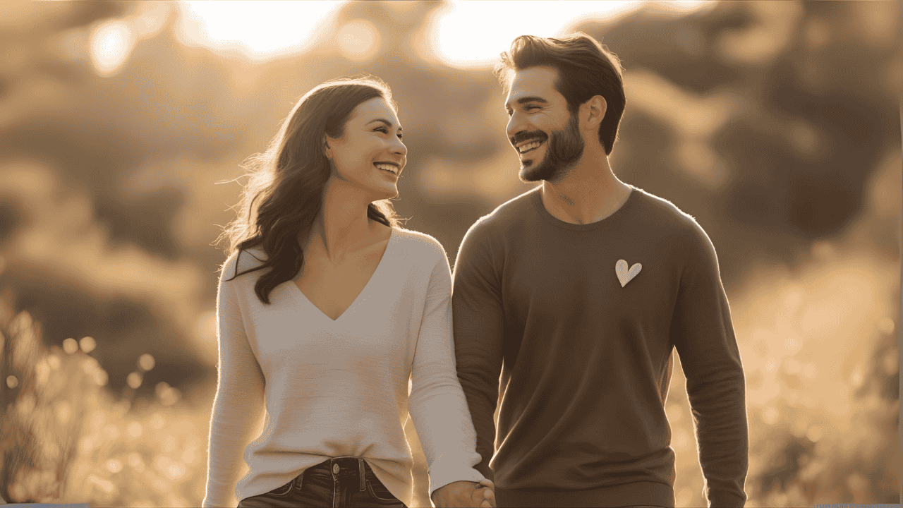Um casal feliz, de mãos dadas, cercado por 7 ícones/símbolos que representam cada sinal